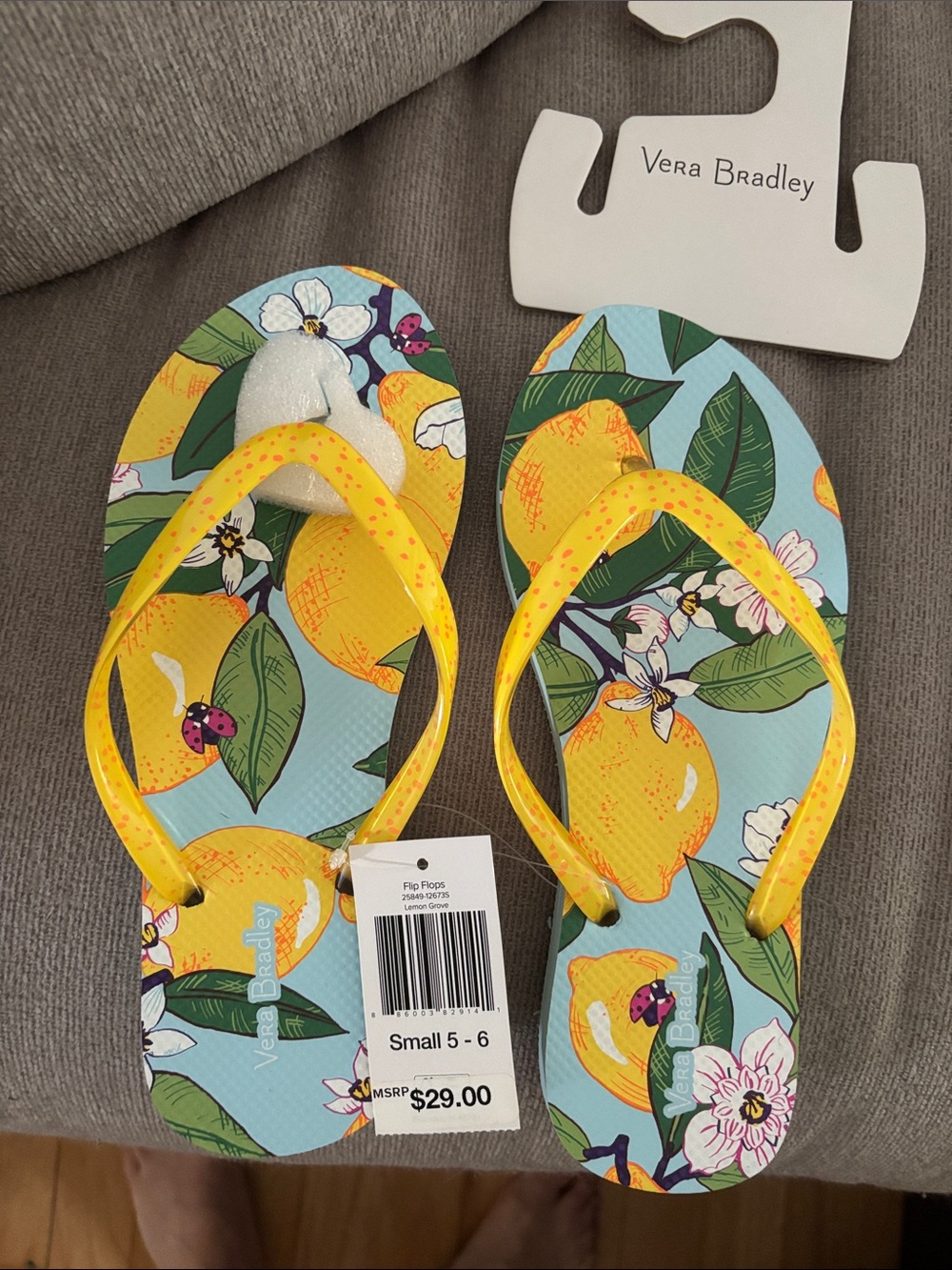 Vera Bradley Yellow Lemon Print Flip Flops with Aqua Footbed